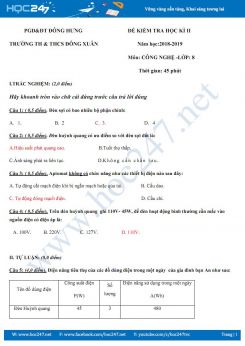 Đề thi HK2 có đáp án môn Công nghệ 8 năm 2019 trường TH & THCS Đông Xuân