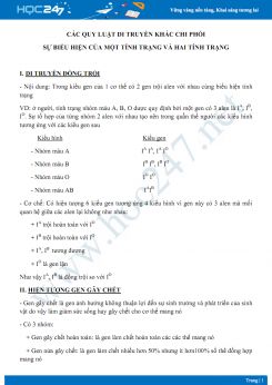 Chuyên đề các quy luật di truyền khác chi phối sự biểu hiện của một tính trạng và hai tính trạng Sinh học 9
