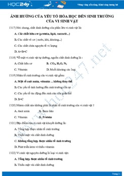 Câu hỏi trắc nghiệm ôn tập chuyên đề Ảnh hưởng của các yếu tố hóa học đến sự sinh trưởng của vi sinh vật Sinh học 10 có đáp án