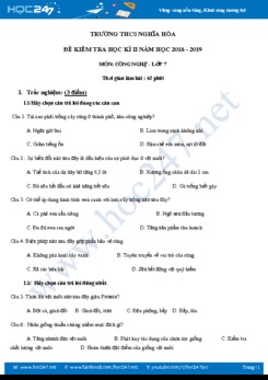 Đề thi HK2 môn Công nghệ 7 có đáp án năm 2019 Trường THCS Nghĩa Hòa