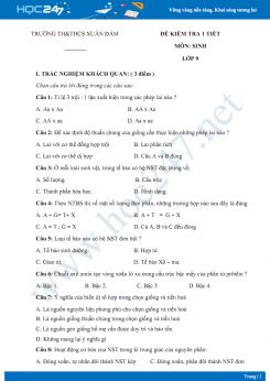 Đề kiểm tra 1 tiết HK1 môn Sinh học 9 năm 2018-2019 - Trường TH & THCS Xuân Đàm có đáp án