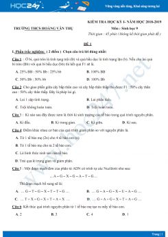 Đề kiểm tra HK1 môn Sinh học 9 năm 2018-2019 - Trường THCS Hoàng Văn Thụ có đáp án
