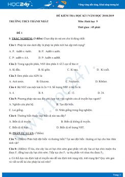 Đề kiểm tra HK1 môn Sinh học 9 năm 2018-2019 - Trường THCS Thành Nhất có đáp án