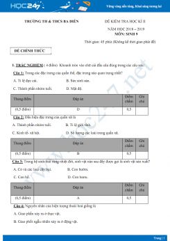 Đề kiểm tra HK2 môn Sinh học 9 năm 2018-2019 - Trường THCS Ba Diên có đáp án