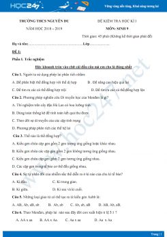 Đề kiểm tra HK1 môn Sinh học 9 năm 2018-2019 - Trường THCS Nguyễn Du có đáp án
