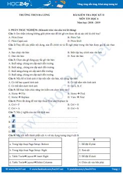 Đề thi HK2 môn Tin học 6 năm 2018 - 2019 Trường THCS Ba Lòng