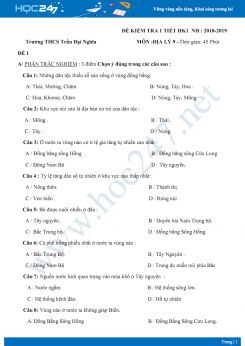 Đề thi giữa HK1 môn Địa lý lớp 9 năm 2018-2019 - Trường THCS Trần Đại Nghĩa có đáp án