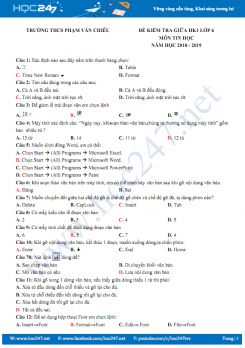 Đề kiểm tra giữa HK1 môn Tin học 6 năm 2018 - 2019 Trường THCS Phạm Văn Chiêu