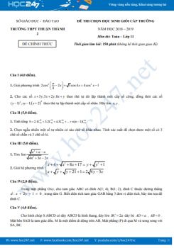 Đề thi HSG môn Toán 11 năm 2019 có đáp án - Trường THPT Thuận Thành 2