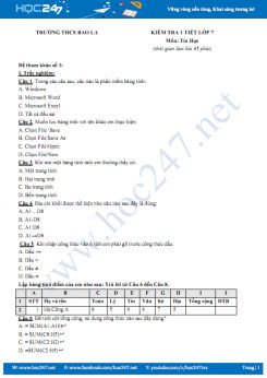 Bộ 2 đề kiểm tra 1 tiết môn Tin học 7 năm 2018 - 2019 Trường THCS Bao La