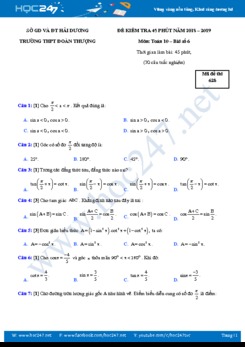 Đề kiểm tra 1 tiết Chương 6 Đại số 10 Trường THPT Đoàn Thượng năm 2018 - 2019