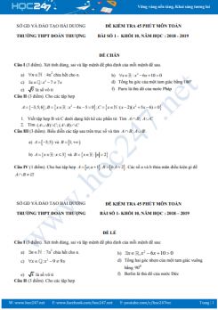 Đề kiểm tra 1 tiết Chương 1 Đại số 10 năm 2018 có đáp án - Trường THPT Đoàn Thượng