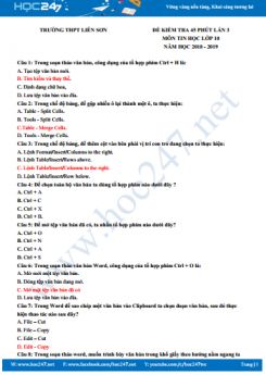 Đề kiểm tra 45 phút lần 3 môn Tin học 10 năm học 2018 - 2019 Trường THPT Liễn Sơn