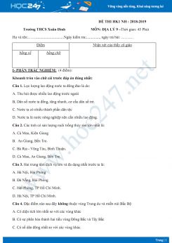 Đề thi HK1 môn Địa lý lớp 9 năm 2018-2019 - Trường THCS Xuân Đình có đáp án