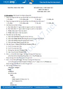 Đề kiểm tra 1 tiết HK2 môn Tin học 8 năm 2018 - 2019 Trường THCS Tóc Tiên