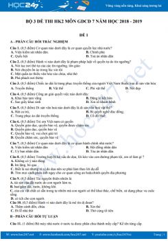 Bộ 3 đề thi HK2 môn GDCD lớp 7 năm học 2018 - 2019