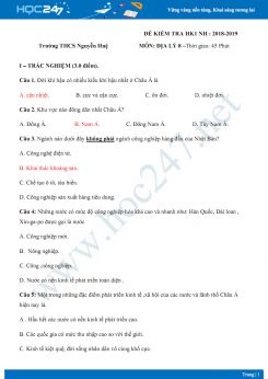 Đề kiểm tra HK1 môn Địa lý lớp 8 năm 2018-2019 - Trường THCS Nguyễn Huệ có đáp án