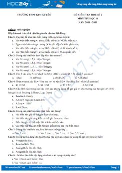 Đề kiểm tra HK2 môn Tin học 11 năm 2018 - 2019 Trường THPT Kim Xuyên