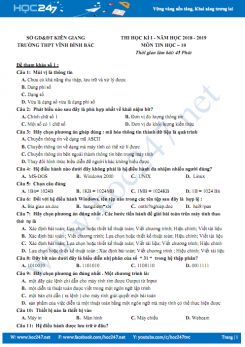 Bộ 5 đề thi HK1 môn Tin học 10 năm 2018 - 2019 Trường THPT Vĩnh Bình Bắc