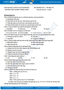 Bộ 6 đề thi HK1 môn Tin học 10 năm 2018 - 2019 Trường THCS, THPT Thống Nhất
