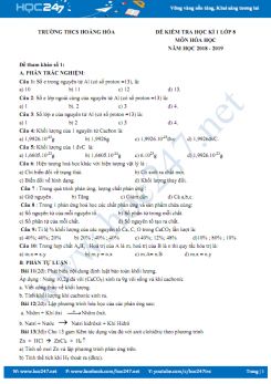 Đề kiểm tra HK1 môn Hóa học 8 năm 2018 - 2019 Trường THCS Hoằng Hóa