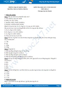 Đề kiểm tra HK2 môn Hóa học 8 năm 2018 - 2019 Trường THCS Lê Hồng Phong