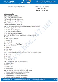 Đề thi HK2 môn Hóa học 8 năm 2018 - 2019 Trường THCS Ngô Quyền