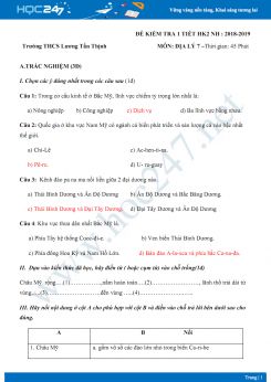 Đề kiểm tra 1 tiết HK2 môn Địa lý lớp 7 năm 2018-2019 - Trường THCS Lương Tấn Thịnh có đáp án