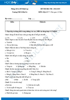 Đề thi HK1 môn Địa lý lớp 7 năm 2018-2019 - Trường THCS Đồn Xá có đáp án
