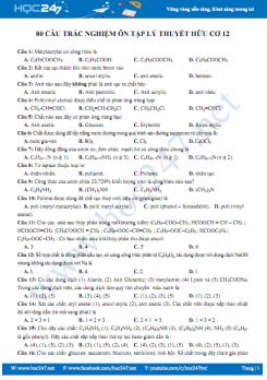 80 Câu trắc nghiệm ôn tập lý thuyết hữu cơ 12 năm 2018 - 2019