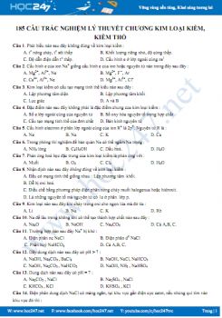 185 Câu trắc nghiệm lý thuyết chương kim loại kiềm, kiềm thổ