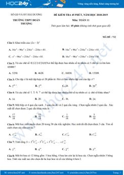 Đề kiểm tra 1 tiết Chương 2 Đại số 11 Trường THPT Đoàn Thượng năm học 2018 - 2019