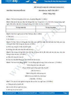 Đề thi giữa HK1 môn Ngữ văn lớp 7 năm 2018-2019, Trường THCS Nguyễn Du