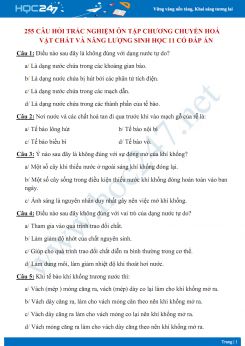 255 câu hỏi trắc nghiệm ôn tập Chương Chuyển hóa vật và năng lượng Sinh học 11 có đáp án