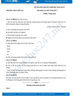 Đề thi giữa HK1 môn Ngữ văn lớp 7 năm 2018-2019, Trường THCS Thủy An