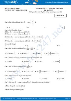 Đề thi giữa HK1 môn Toán 11 Trường THPT B Thanh Liêm năm 2018 - 2019