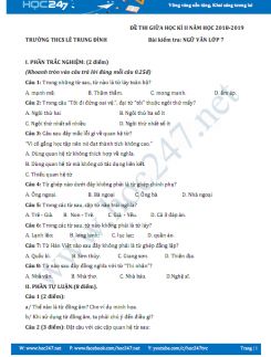 Đề thi giữa HK2 môn Ngữ văn lớp 7 năm 2018-2019, Trường THCS Lê Trung Đình