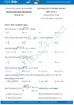 Đề thi giữa HK2 môn Toán 11 Trường THPT Đinh Tiên Hoàng năm học 2018 - 2019