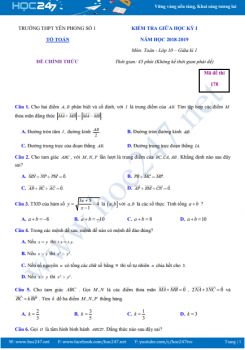 Đề thi giữa HK1 môn Toán 10 năm 2018 có đáp án - Trường THPT Yên Phong 1