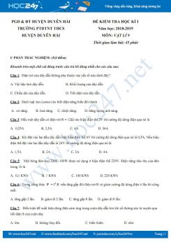 Đề thi Học kì 1 môn Vật lý 9 năm học 2018-2019 trường THCS huyện Duyên Hải