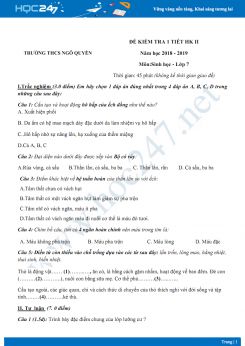 Đề kiểm tra 1 tiết HK2 môn Sinh học 7 năm 2018-2019 - Trường THCS Ngô Quyền có đáp án