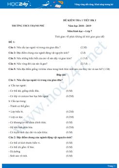 Đề kiểm tra 1 tiết HK1 môn Sinh học 7 năm 2018-2019 - Trường THCS Thạnh Phú có đáp án