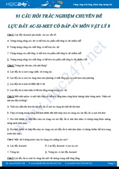 91 câu hỏi trắc nghiệm Chuyên đề Lực đẩy Ác-si-mét có đáp án môn Vật lý 8