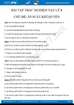 Bài tập trắc nghiệm môn Vật lý 8 có đáp án chủ đề Áp suất khí quyển