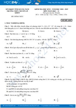 Đề thi HK2 môn Toán 11 Trường THPT Chuyên Lê Khiết năm học 2018 - 2019