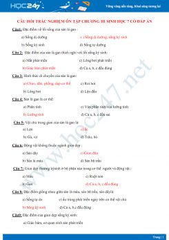 Câu hỏi trắc nghiệm ôn tập Chương III Sinh học 7 có đáp án