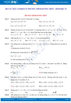 100 câu trắc nghiệm về Đường tròn - Hình học 10 có đáp án