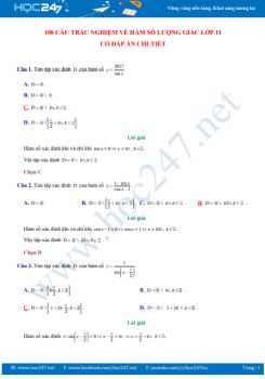 100 câu trắc nghiệm về Hàm số lượng giác lớp 11 có đáp án chi tiết
