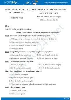 Đề thi HK2 môn Sinh học lớp 6 năm 2018-2019 - Phòng GD&ĐT Pleiku có đáp án