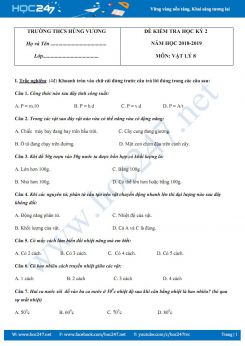 Đề kiểm tra HK2 môn Vật lý lớp 8 năm 2019 trường THCS Hùng Vương có đáp án